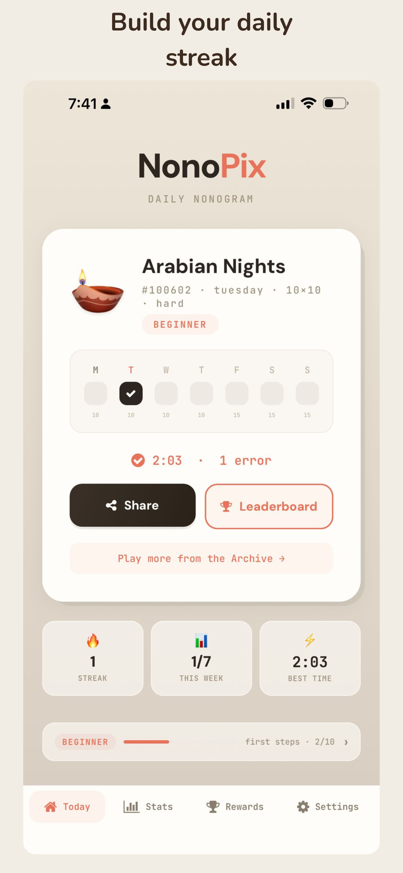 NonoPix home screen — daily puzzle and stats